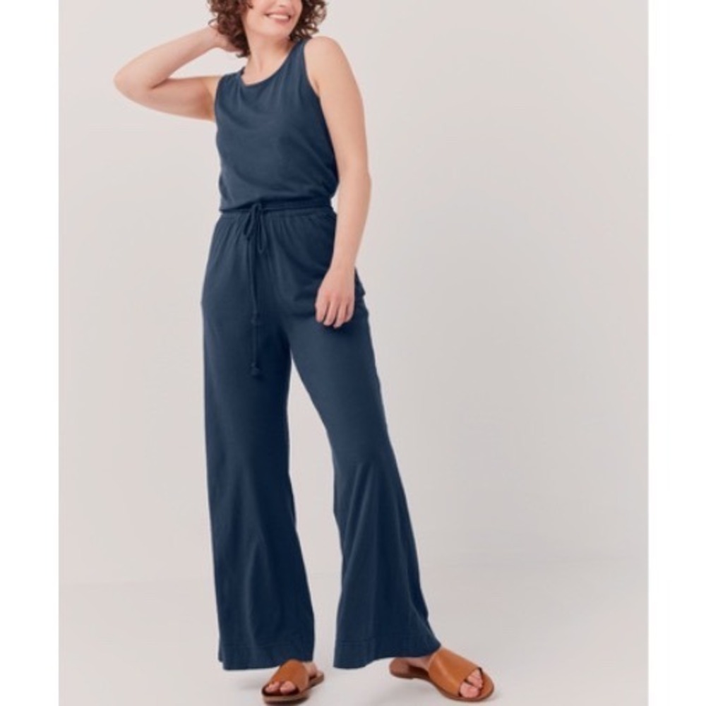 Pact Jumpsuit S Blue Organic Cotton Linen Wide Leg Braided Belt Pockets Coastal